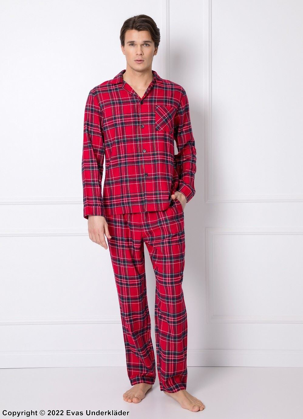 Herrpyjamas med långa ärmar och ficka, scott-mönster